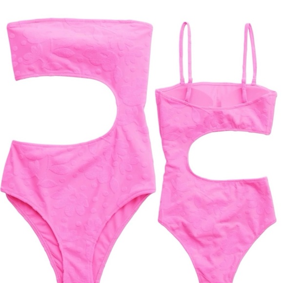 Aerie One Piece Size XL Terry Cut Out Strapless Neon Pink Swimsuit NWT - Picture 2 of 6
